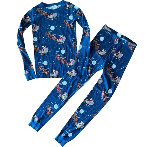 Hanna Andersson Kids Size 10 Christmas Santa Reindeer Pajamas Holiday Blue Set - Picture 1 of 5